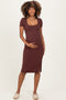 Brown Square Neck Side Slit Maternity Midi Dress
