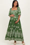Green Damask Print Short Sleeve Maternity Maxi Dress