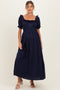 Navy Smocked Ruffle Accent Ribbon Tie Maternity Maxi Dress