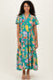 Emerald Boho Print Lace Trim Tiered Midi Dress