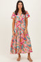 Pink Boho Print Lace Trim Tiered Midi Dress