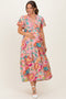 Pink Boho Print Lace Trim Tiered Maternity Midi Dress