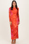 Coral Printed Mesh Open Back Maxi Dress