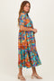 Aqua Mix Leaf Print Pocketed Midi Dress