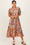 Pink Mix Leaf Print Pocketed Midi Dress