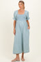 Light Blue Chambray Puff Sleeve Wide Leg Maternity Jumpsuit