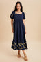 Navy Embroidered Floral Pleated Bodice Maxi Dress