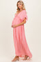 Pink Button Down Deep V-Neck Maternity Maxi Dress