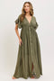 Olive Button Down Deep V-Neck Maxi Dress