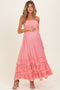 Pink Halter Smocked Ruffle Tier Hem Maternity Maxi Dress