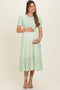 Light Green Rose Floral Smocked Puff Sleeve Maternity Midi Dress