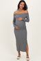 Charcoal Off Shoulder Ruched Side Slit Maternity Midi Dress