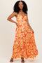 Orange Floral Pleated Sleeveless Maxi Dress