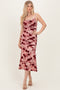 Pink Rose Floral Mesh Ruched Midi Dress