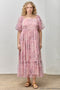 Pink Floral Printed Tulle Puff Sleeve Plus Midi Dress
