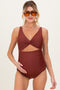 Brown Ruched Sides Front Cutout Maternity One Piece Swimsuit