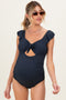 Navy Ribbed Front Tie Cutout Ruched Maternity Swimsuit