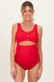 Red Scalloped Cutout Ruched Maternity One Piece Swimsuit