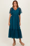 Teal Dotted Tulle Smocked Midi Dress