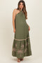 Olive Embroidered Halter Maternity Maxi Dress