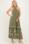 Olive Embroidered Halter Maxi Dress