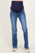 woman wearing dark blue maternity jeans with a stretchy waistband, showcasing a visible baby bump