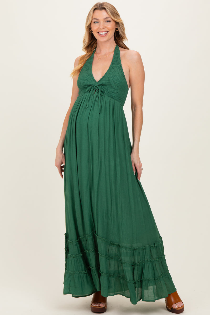 green emerald velvet dress Zapaka Women Prom Dress Dark Green Halter Lace Up Mermaid Wedding Guest Dress with Slit, Dark Green / US24W main image 1