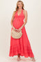 Coral Halter Neck Smocked Maternity Maxi Dress