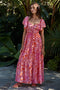 Fuchsia Floral Waist Tie Open Back Maxi
