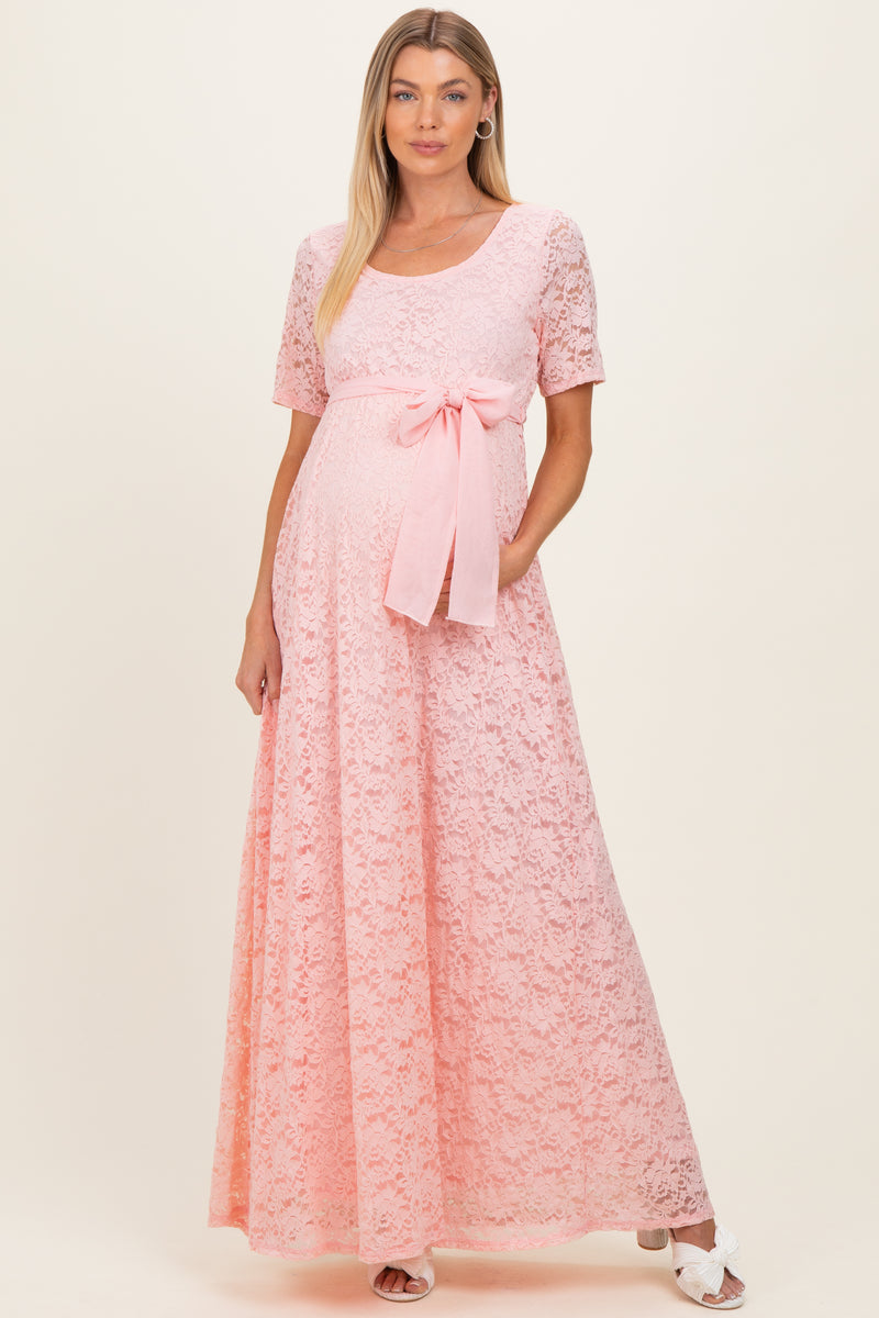 Light Pink Lace Sash Tie Maternity Gown – PinkBlush