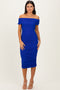 Royal Blue Ruched Mesh Off Shoulder Midi Dress