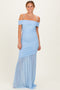 Baby Blue Ruched Mesh Off Shoulder Maxi Dress