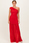Red Ruched Mesh One Shoulder Maxi Dress
