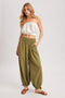 Olive Cotton Gauze Tie Hem Pants