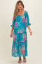 Blue Floral Smocked Chiffon Tiered Maternity Maxi Dress