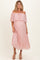 Pink Pleated Off Shoulder Flounce Maternity Midi Dress