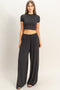Black Short Sleeve Crop Top Wide Leg Pant Set