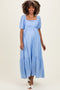 Blue Pleated Polka Dot Maternity Maxi Dress