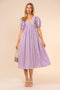 Lavender Puff Sleeve Embroidered Midi Dress