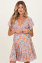 Lavender V Neck Smocked Bodice Floral Print Maternity Dress