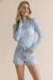 Light Blue Long Sleeve Floral Mesh Lace Semi Sheer Top