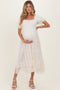 CreamTulle Puff Sleeve Smocked Maternity Midi Dress