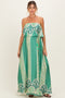 Green Printed Satin Flounce Strapless Maternity Maxi Dress