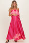 Fuchsia Printed Satin Flounce Strapless Maternity Maxi Dress