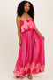 Fuchsia Printed Satin Flounce Strapless Maxi Dress