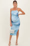 Blue Printed Ruched Fitted Maternity Midi Dress