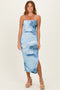 Blue Printed Ruched Fitted Midi Dress