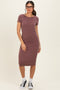 Red Brown Ribbed Short Sleeve Midi Dress