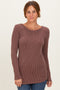 Brown Ribbed Scoop Neck Long Sleeve Top