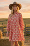 Red Print Collared Balloon Sleeve Dress